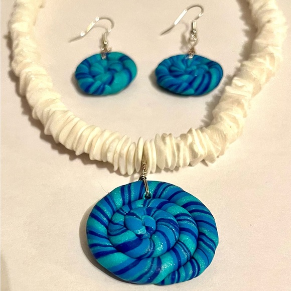 Handcrafted Clay Necklace and Earrings Blue Spiral Design One of a Kind - Picture 1 of 8